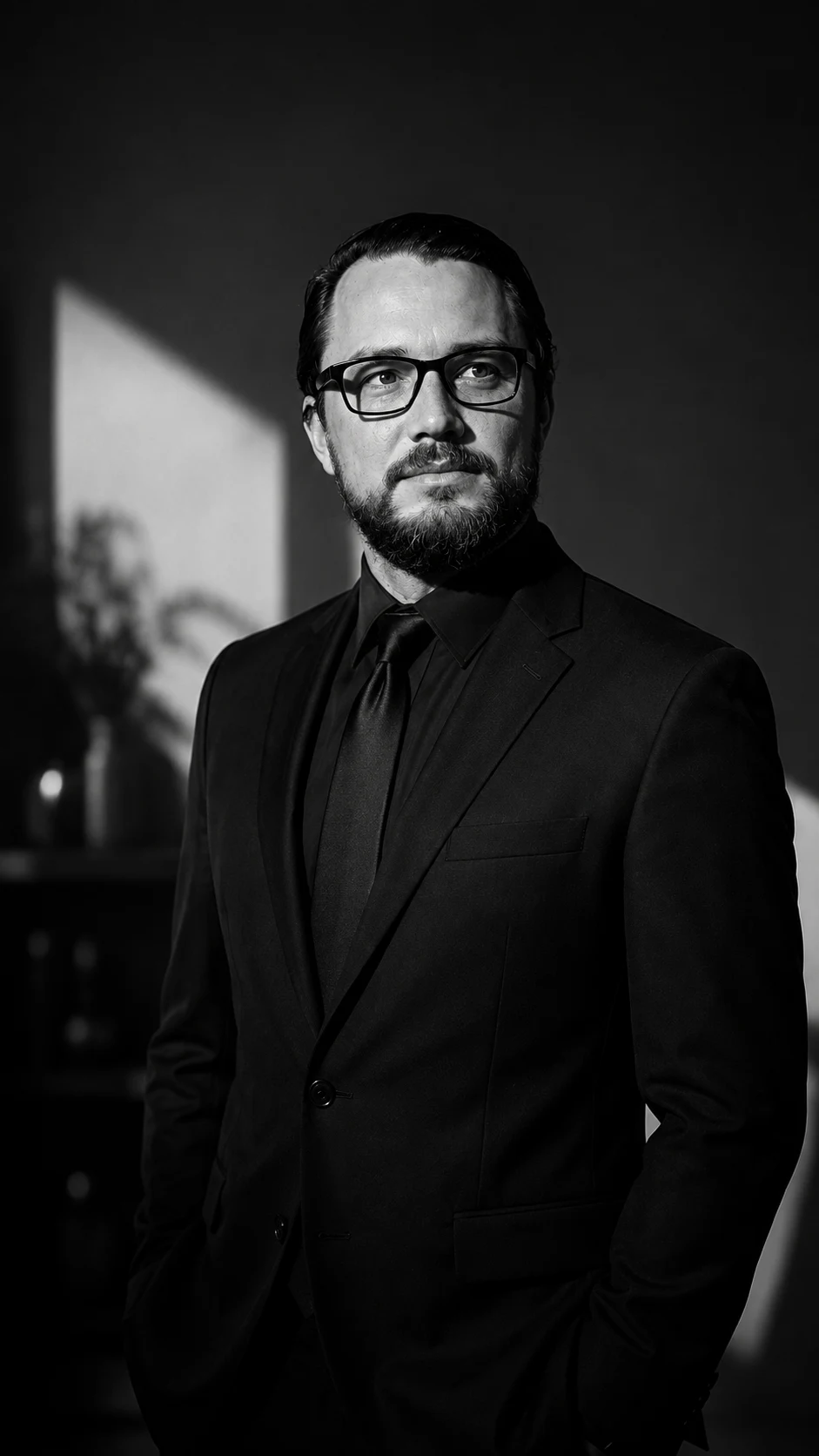 Black and white portrait of Cody Mackall, founder of Veteran Vision Media